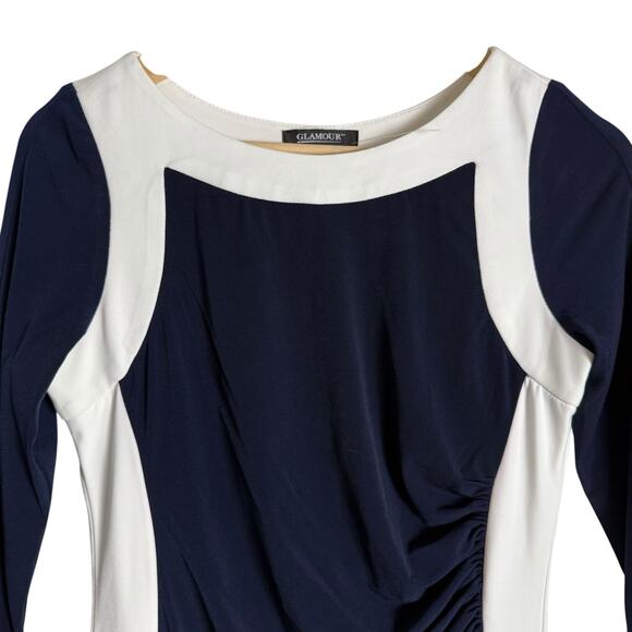 Glamour Navy White Ruched 3/4 Sleeve Colorblock Sheath Dress Size 4 Petite - Picture 2 of 10
